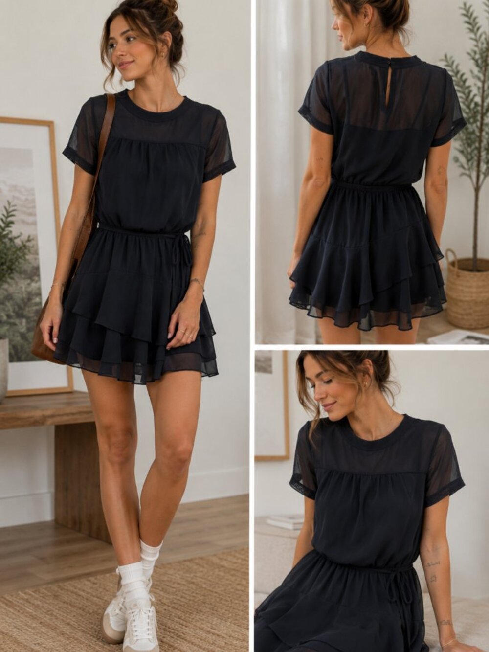 Converse One Star Black Chiffon Tiered Ruffle Dress Medium Sheer Overlay